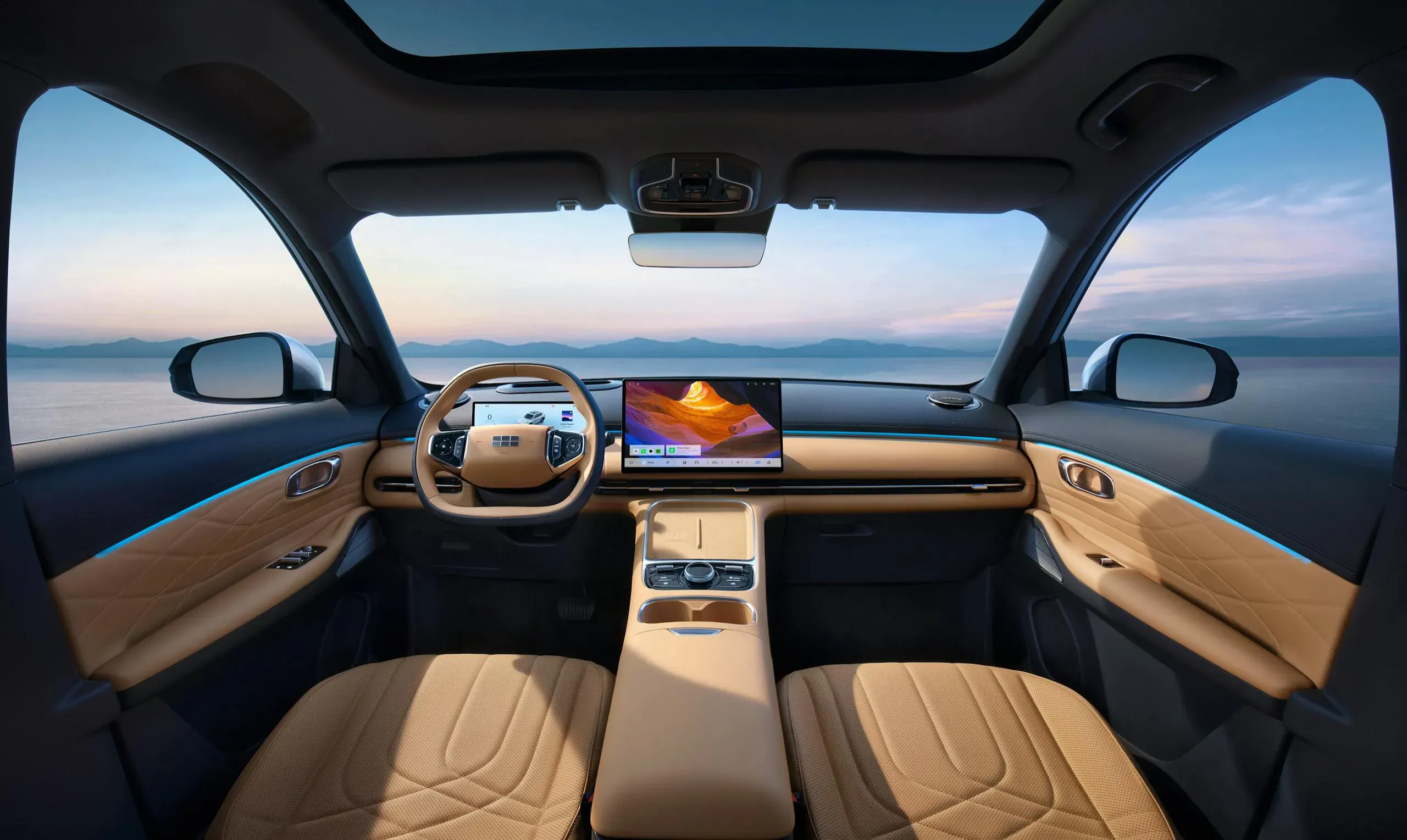 Tan leather cabin of the Geely Starray EM-i with panoramic sunroof and dual dashboard screens