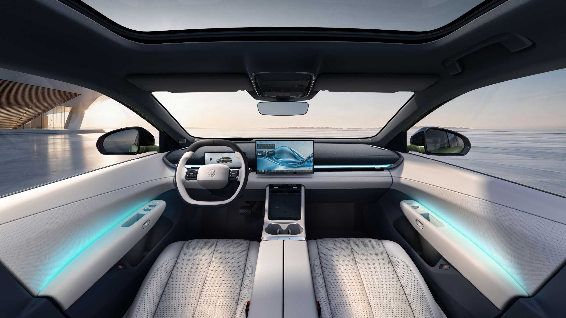 SAIC Volkswagen ID. Era 5X interior in a light two-tone scheme, showing the 'Yunqi Zhicang' cockpit and glass roof