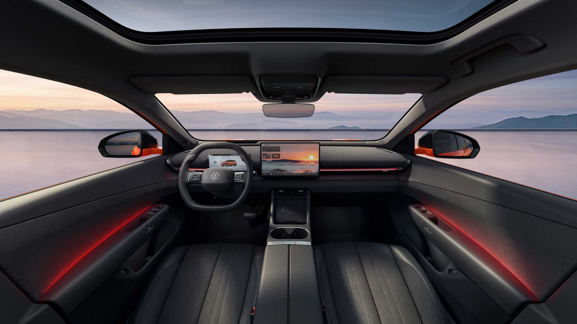 SAIC Volkswagen ID. Era 5X interior in a dark scheme with amber ambient lighting, an alternate cabin color option