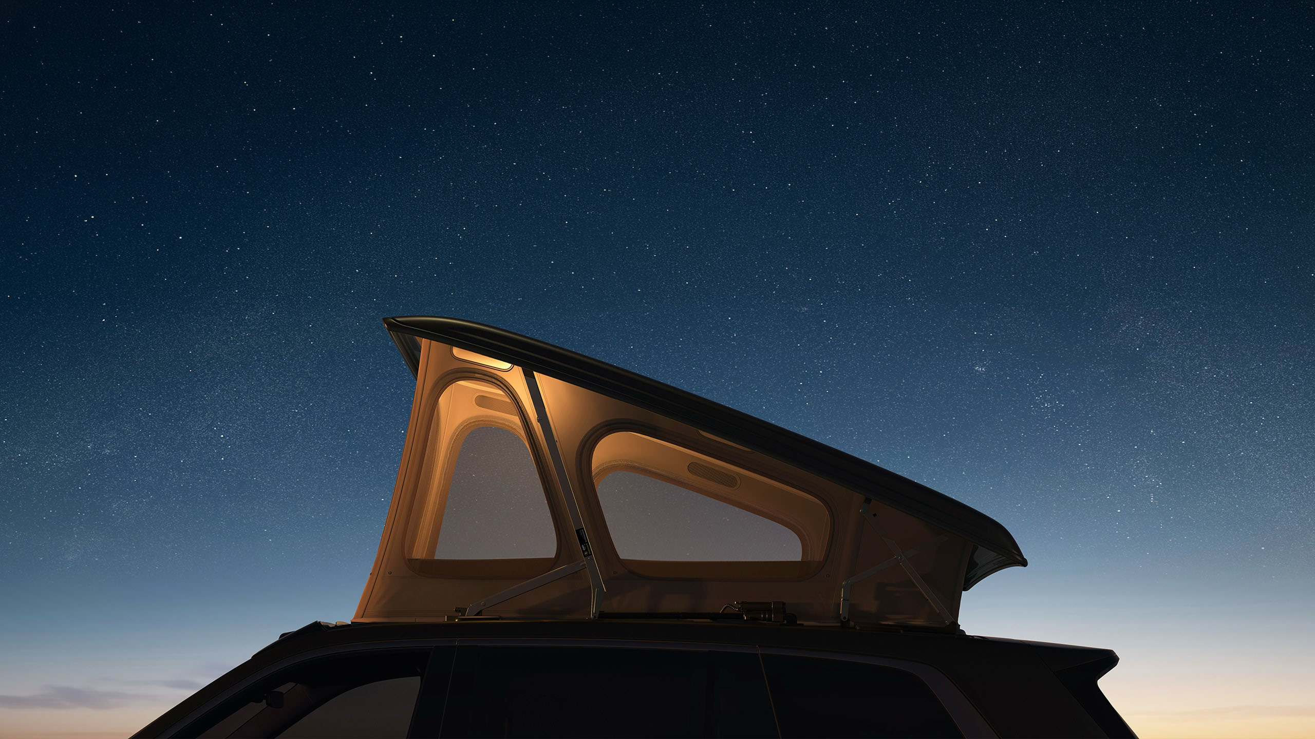 Xiaomi SkyNomad N90 Max Explorer Edition with its pop-up roof camper raised, glowing at night under a starry sky