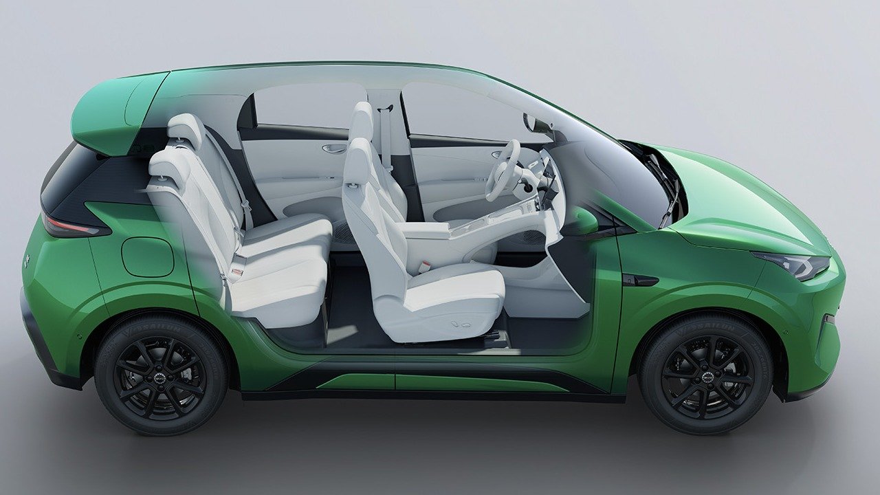 Cutaway rendering of the green second-generation BYD Seagull showing five light gray seats