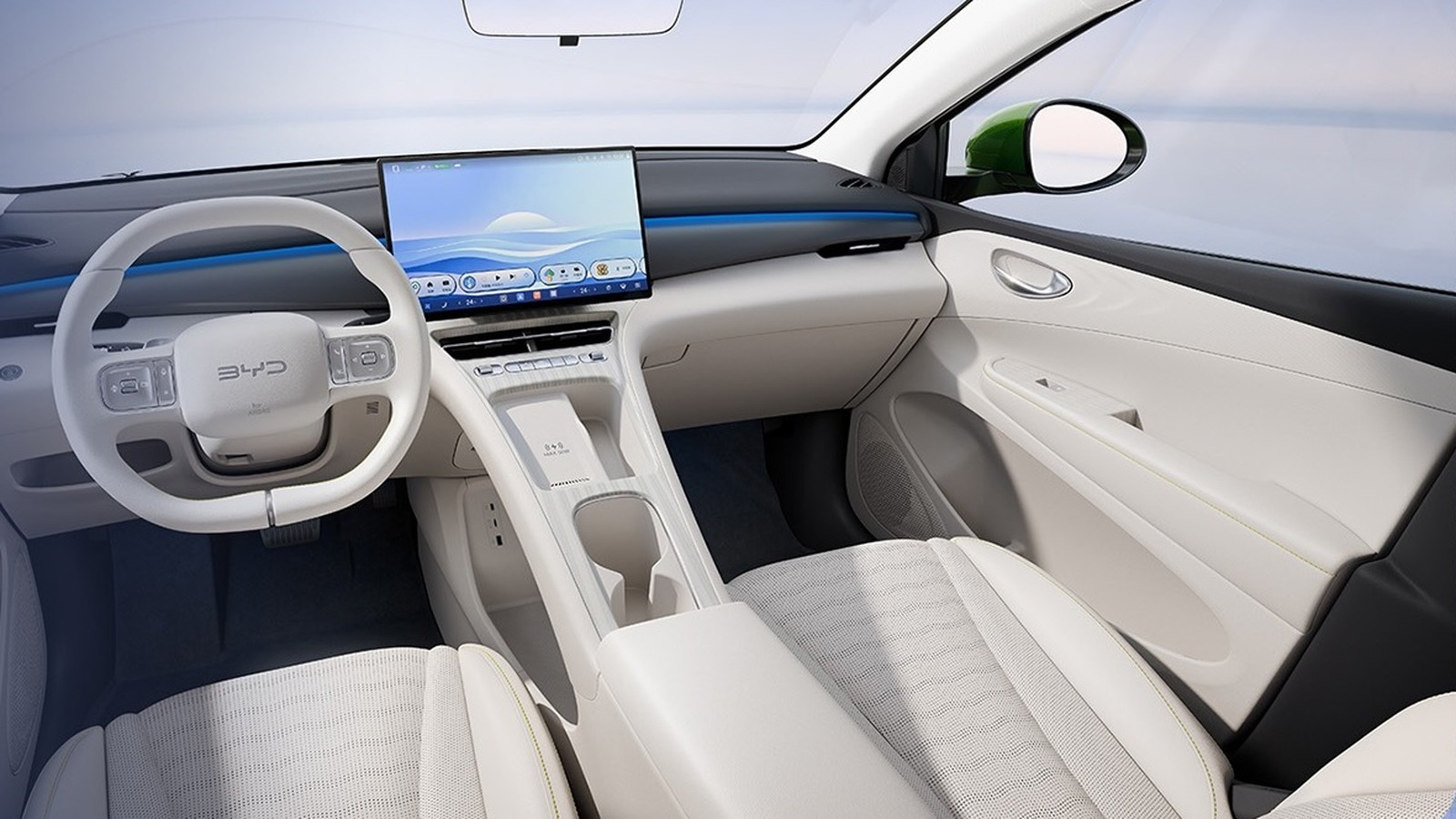 Second-generation BYD Seagull cream cabin with floating center touchscreen, flat-bottom steering wheel and ambient light strip, official BYD image
