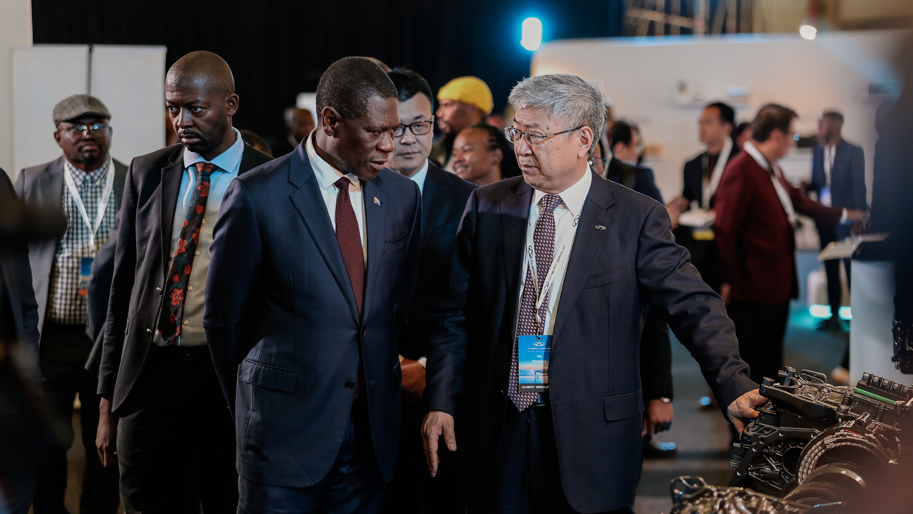 Chery chairman Yin Tongyue shows exhibits to South African Deputy President Paul Mashatile inside the Rosslyn plant