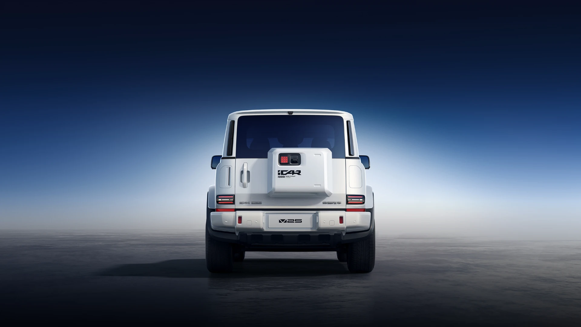 White iCar V25 seen square from behind, showing its side-hinged tailgate with the boxy external storage case and round-cornered lamps