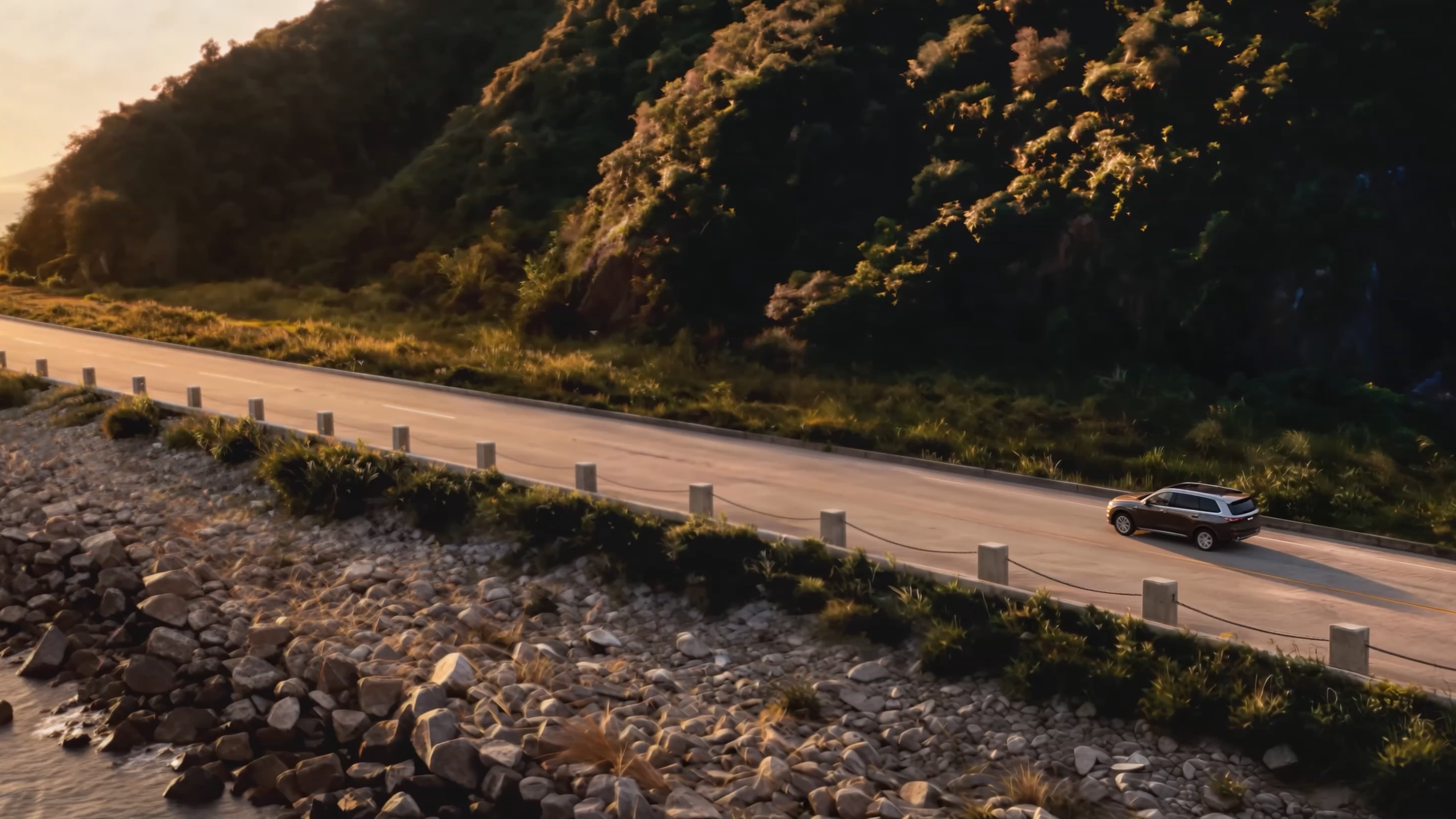 Aerial view of a brown Epicland X9 six-seat SUV driving along a coastal mountain road at sunset