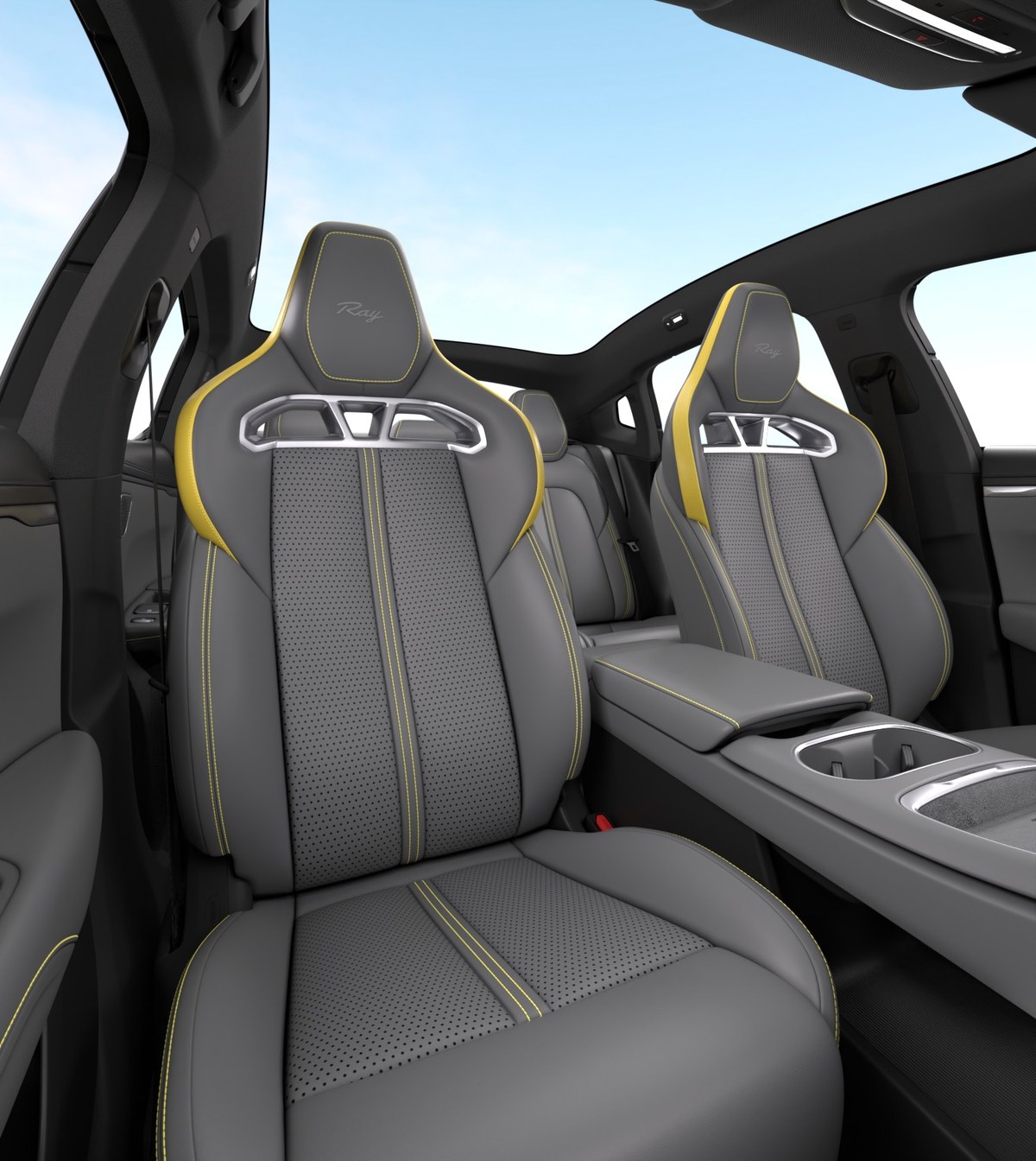 Grey GAC Aion Ray 7 interior rendering with integrated sport seats, yellow stitching and Ray-embossed headrests