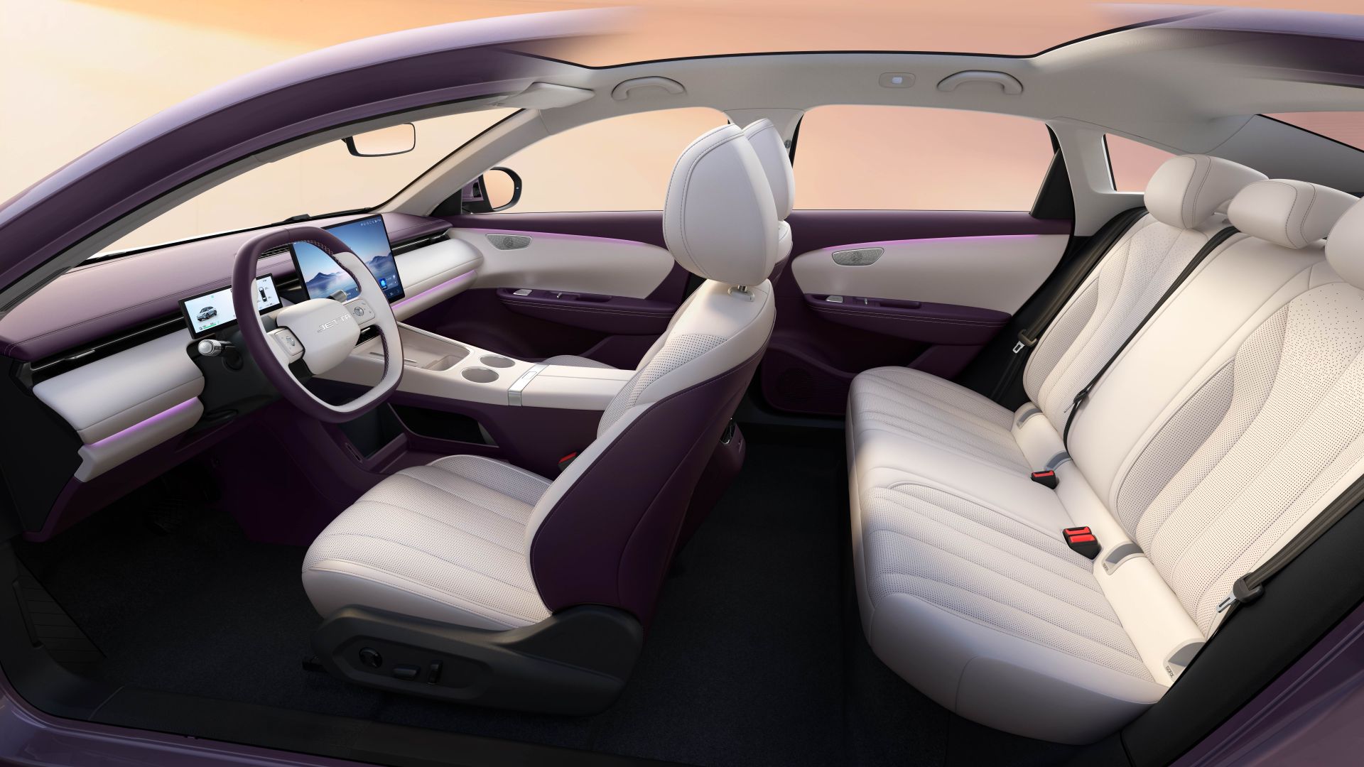 Cutaway rendering of the Jetta M6 cabin in purple and white, with the digital cluster, central screen and rear bench