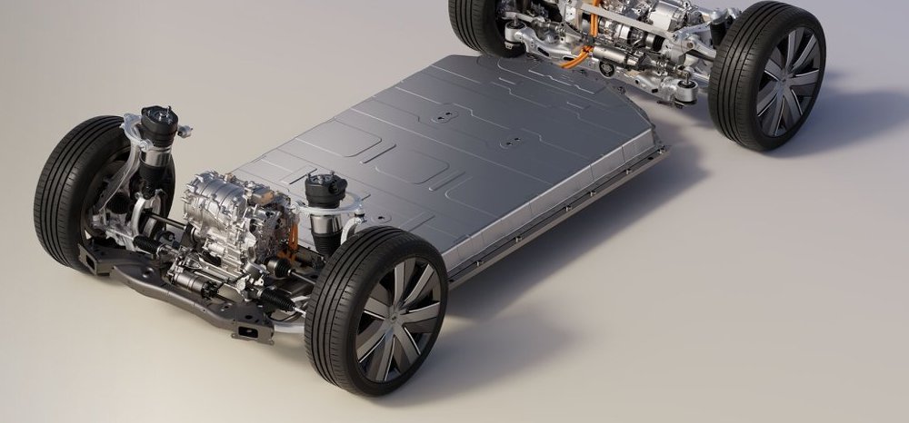 Rendering of a Li Auto electric chassis with a flat battery pack between the front and rear axles