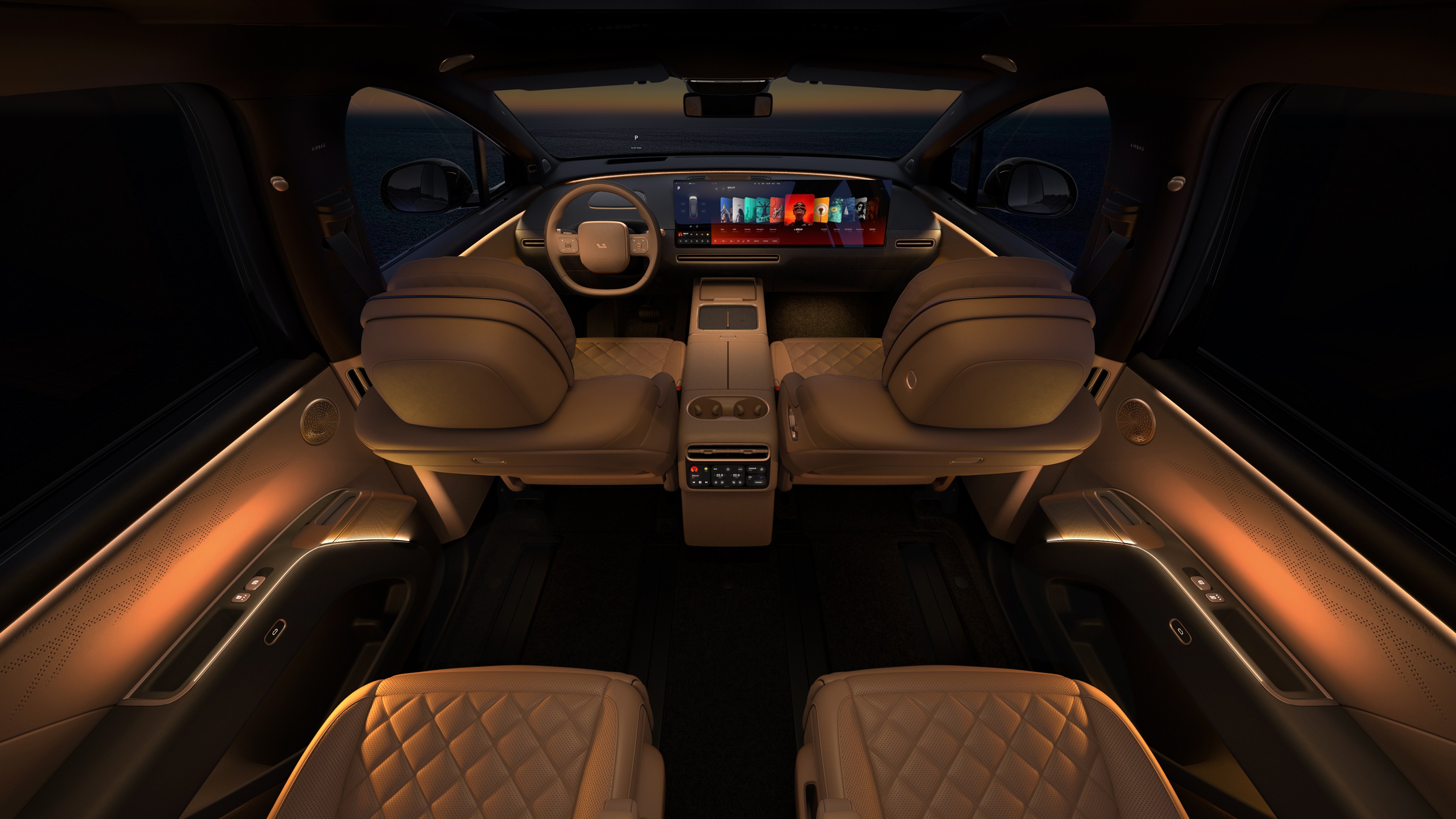 Front cabin of the Li Auto i9 showing its 29-inch 6K panoramic display and quilted front and second-row seats.