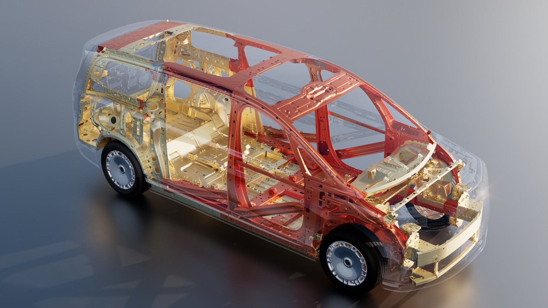 Official rendering of the Maextro V800 body structure in red and gold steel under a transparent shell, front three-quarter view