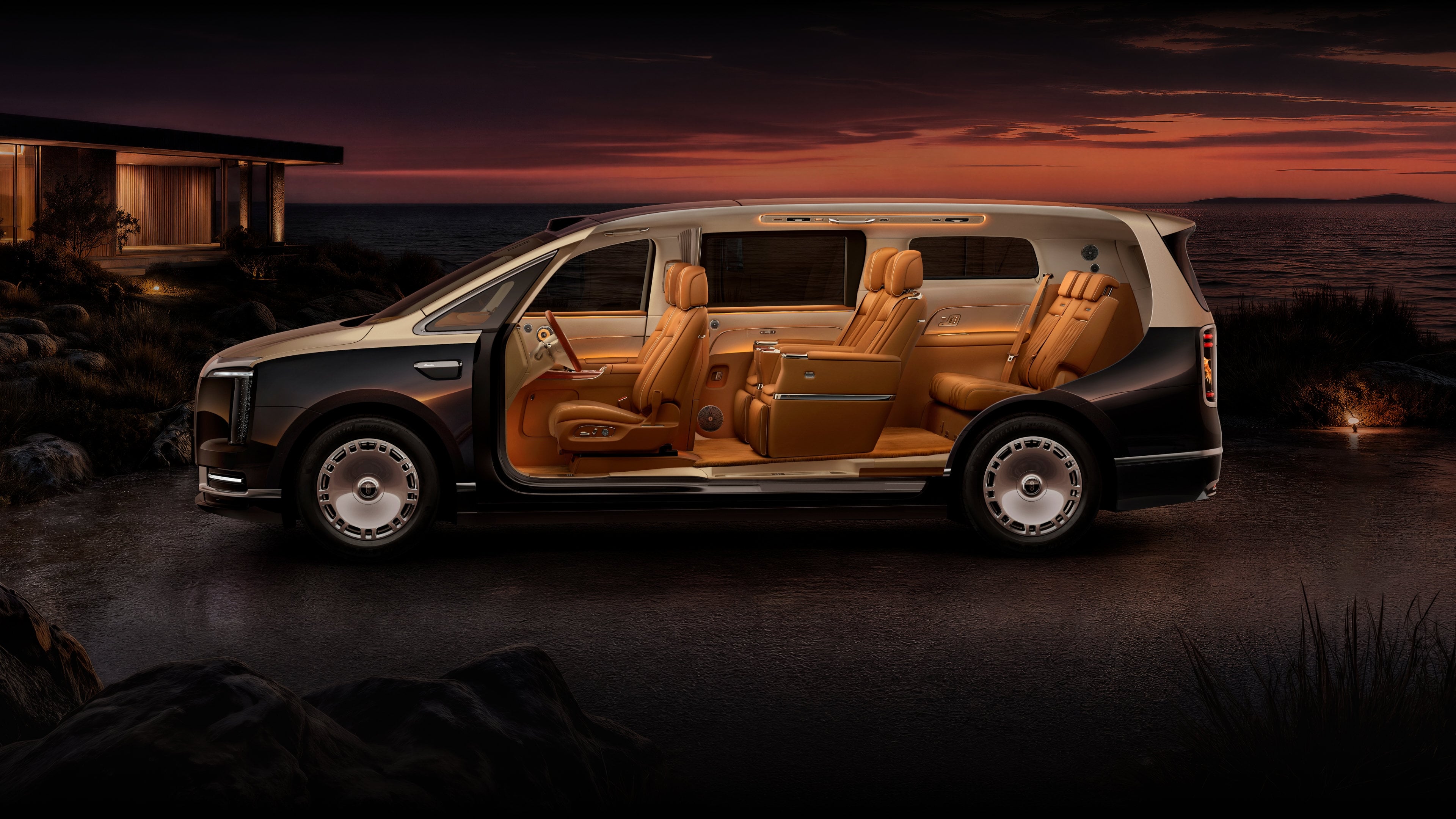 Maextro V800 side cutaway rendering showing tan leather seats across three rows, parked at dusk beside the sea