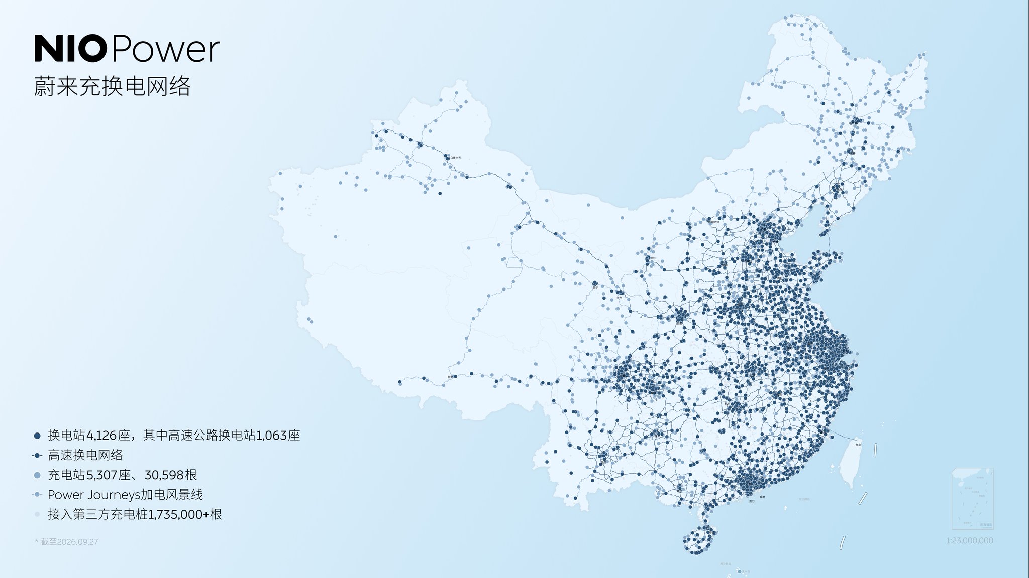 NIO Power network map of China plotting 4,126 battery swap stations and more than 5,300 charging stations nationwide