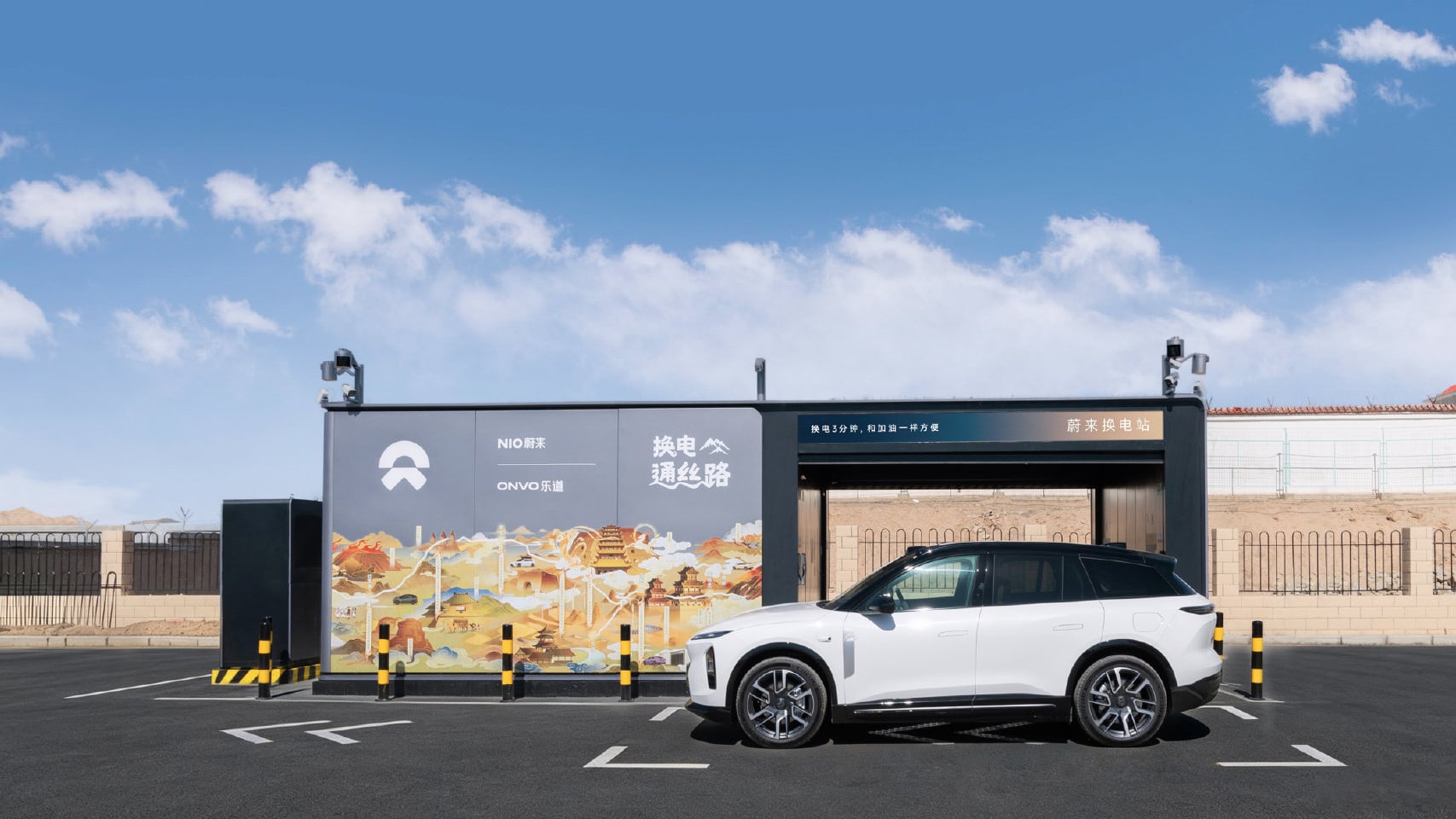 White NIO Group SUV parked beside a NIO Power battery swap station with a mural facade under a clear desert sky
