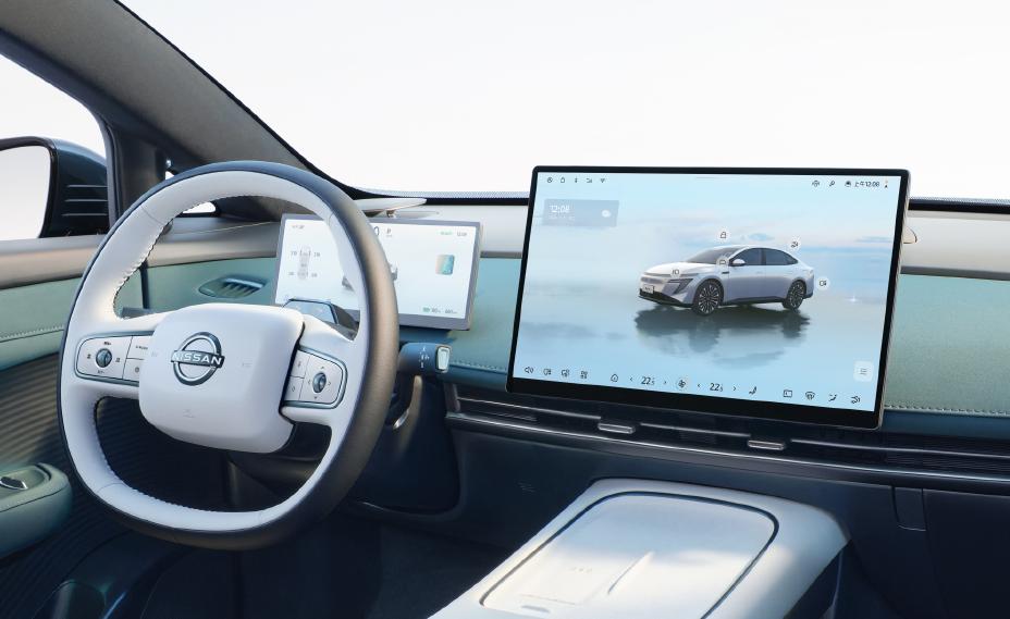 Nissan N7 cabin showing its steering wheel, digital instrument cluster and large central touchscreen running Nissan OS