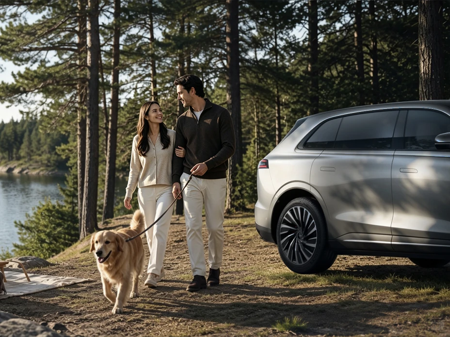 Couple walking a golden retriever past a silver SUV parked by a lake in a pine forest, from the Omoda and Jaecoo Canadian site
