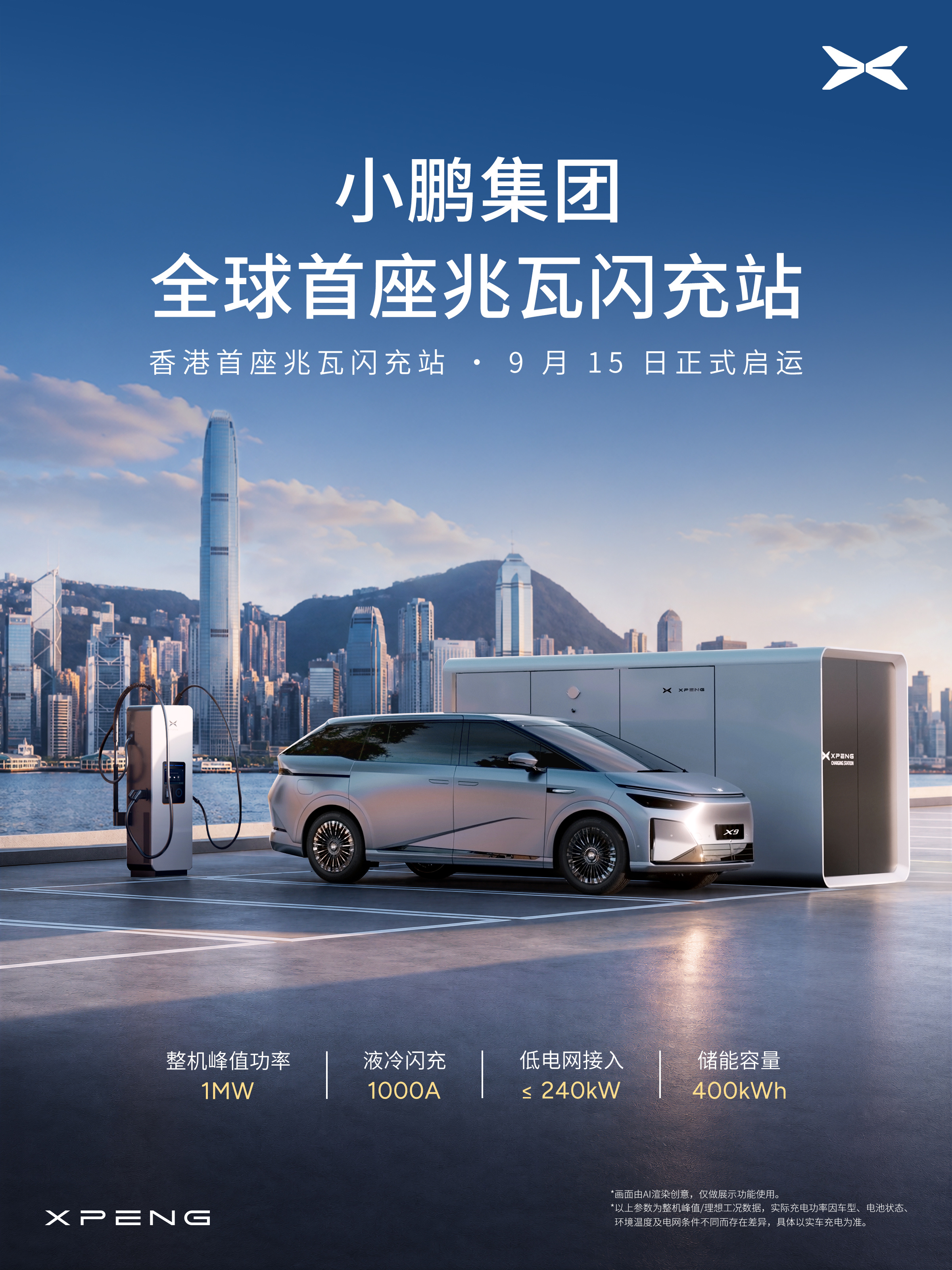 Official XPeng graphic of a vehicle charging at its new Hong Kong megawatt station, city skyline behind it