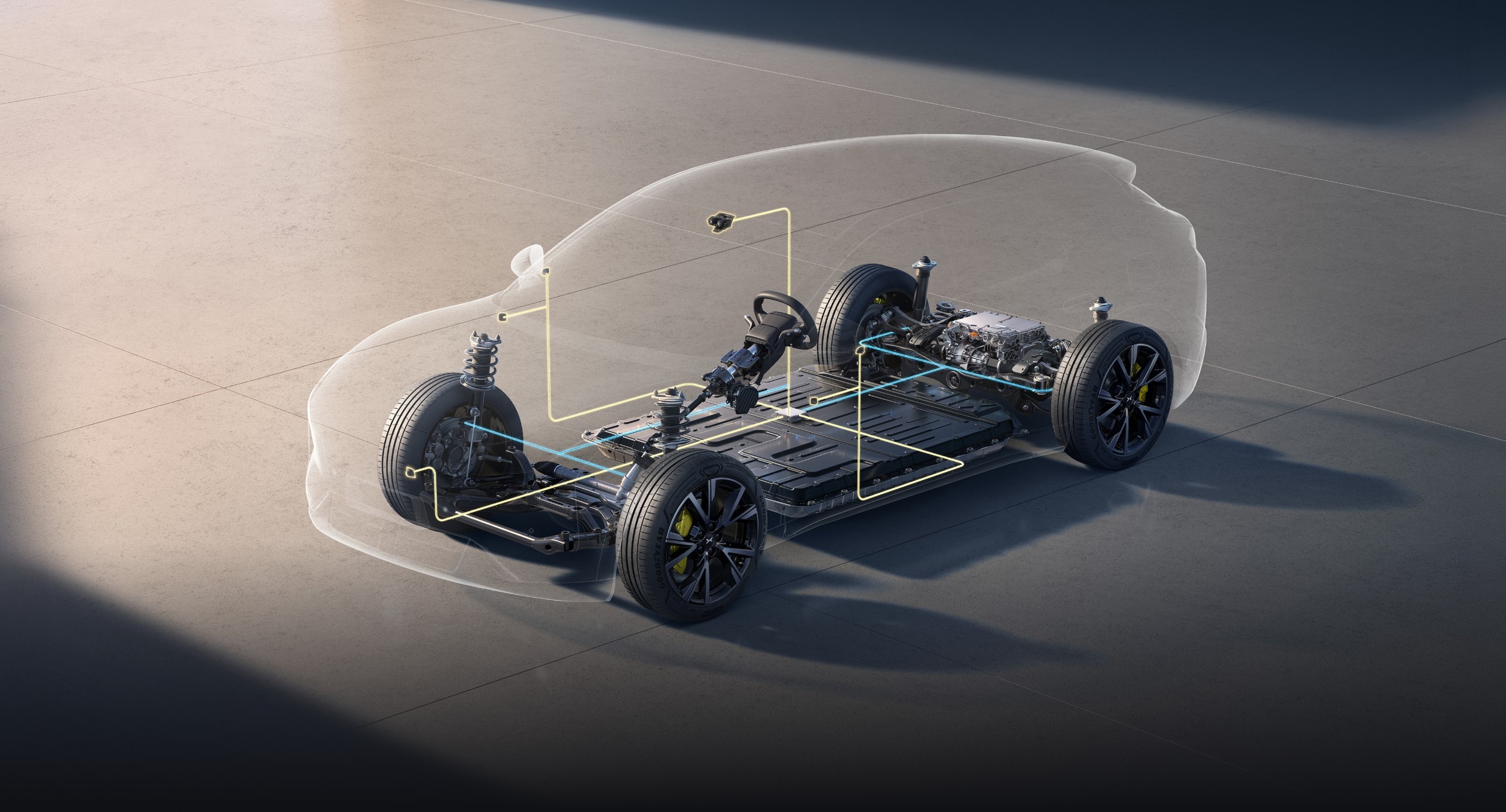 Rendering of the XPeng Mona L05 chassis showing the floor battery pack, suspension and rear drive unit inside a transparent body outline