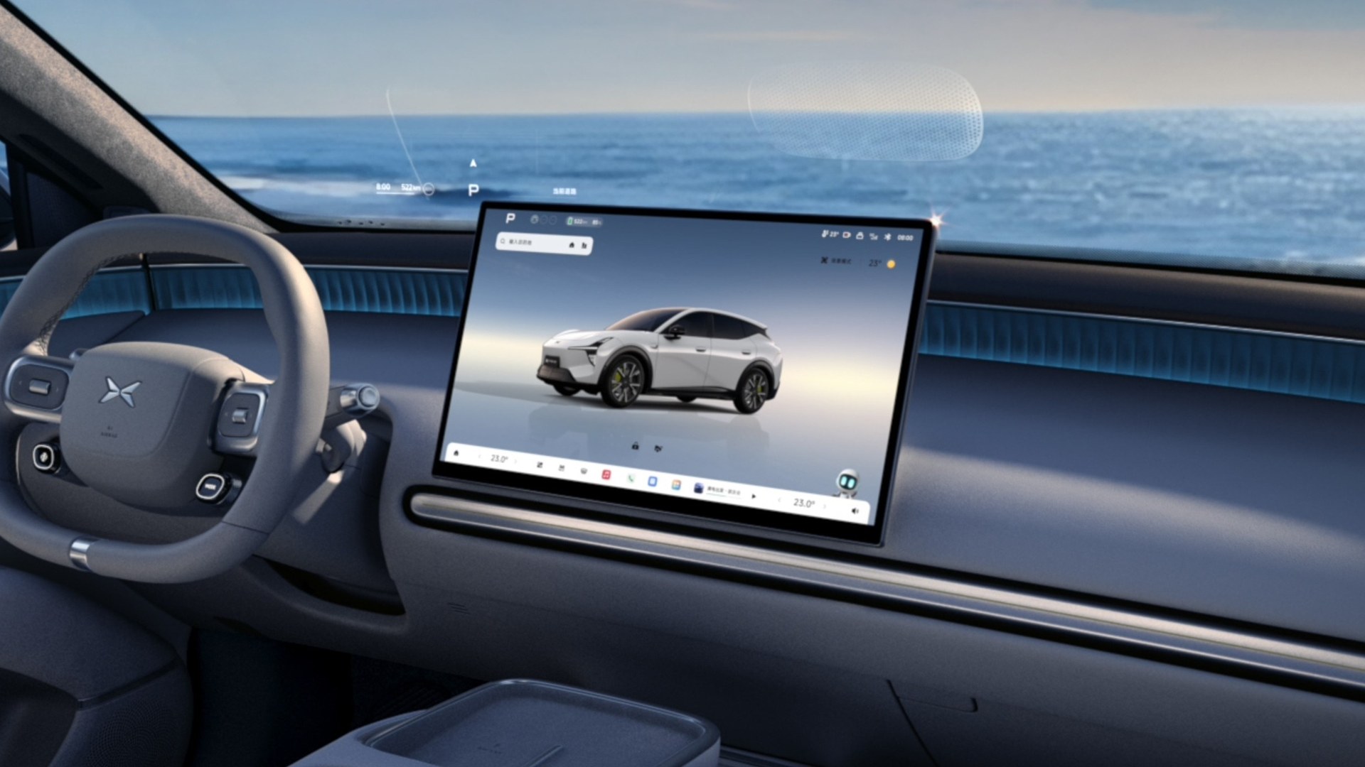 XPeng Mona L05 dashboard rendering with a floating 17.3-inch center touchscreen, two-spoke steering wheel and head-up display over a sea view